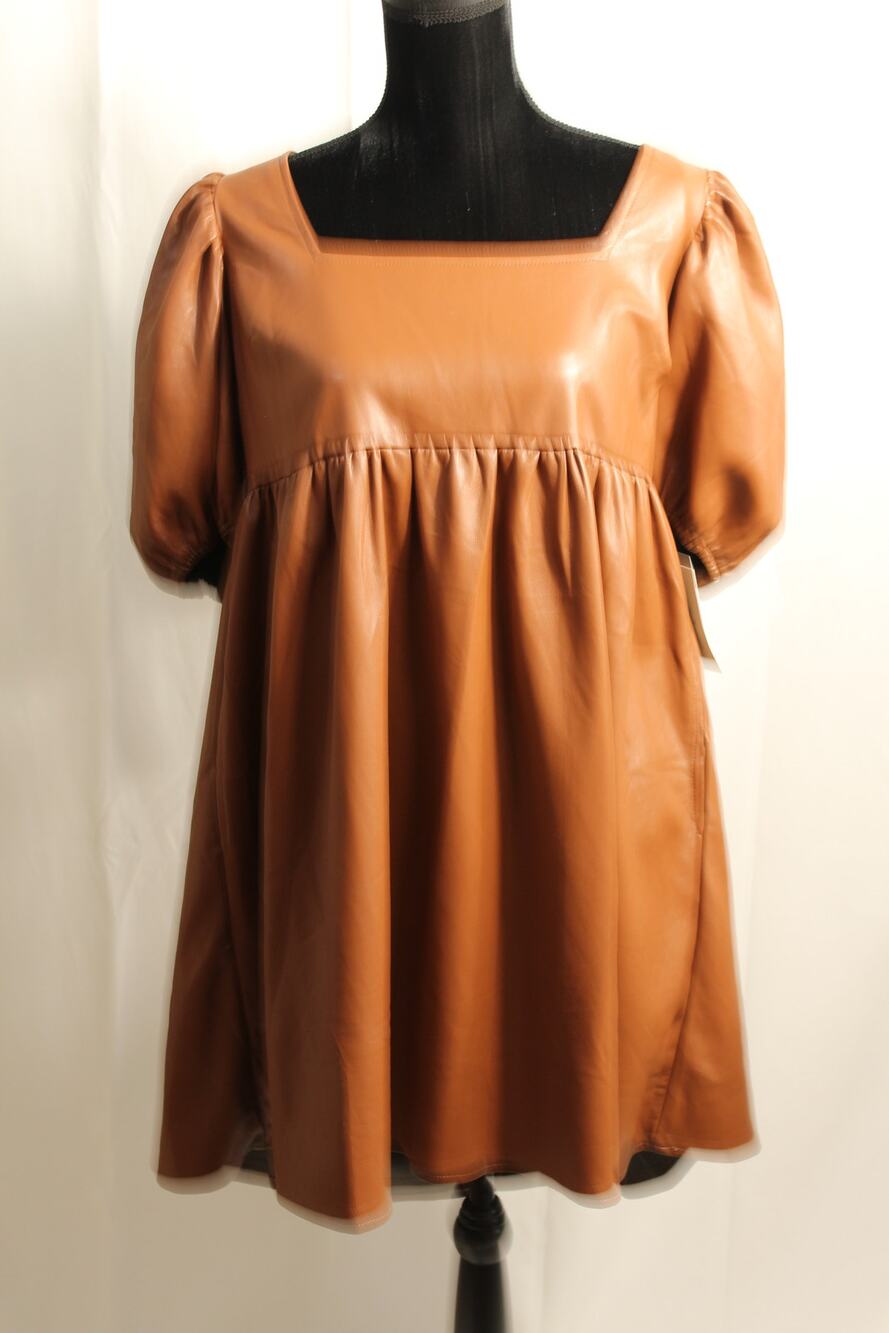 Böhme Womens XL Brown Faux Leather Babydoll Dress Puff Sleeve NWT